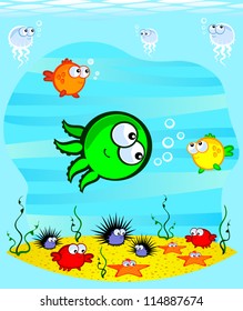 Vector drawing. Underwater World. Cartoon cute marine animals on the sandy bottom.At the heart of an octopus.