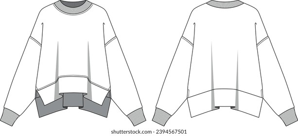 Vector drawing of unisex sweatshirt with side slits, ribbed sleeve and collar band, crew neck, oversize fit