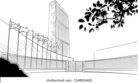 Vector drawing of United Nations Headquarter Building in New York sketchy illustration