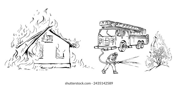 Vector drawing. Unreasonable work. A fireman puts out a bush instead of a house