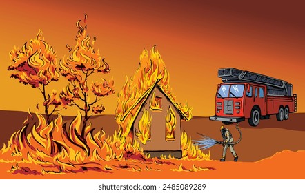 Vector drawing. Unreasonable work. A fireman puts out a bush instead of a house