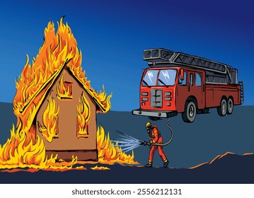 Vector drawing. Unreasonable work. A fireman puts out a bush instead of a house