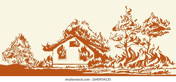 Vector drawing. Unreasonable work. A fireman puts out a bush instead of a house