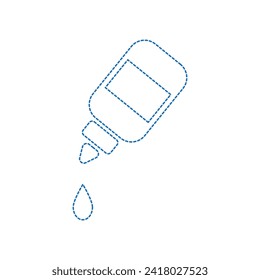 Vector drawing upside down can of glue with a drop, dotted line color blue