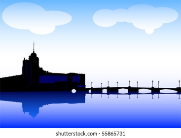 Dibujo vectorial de edificios urbanos de puente contra cielo con nubes