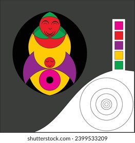 Vector drawing using gold circles representing mother and child, and in a different view showing the Masonic eye at the base of a rocket 