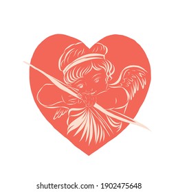 Vector drawing for Valentine's Day. Cupid shoots bow. Valentine's card with an angel 