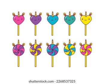 Vektorgrafik einer Vielzahl von Bonbons auf einem Stock. Liebliche Bonbons auf einem Stock mit Ohren und einem Horn. Kawaii Bonbons.