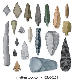 Vector drawing of various / Ancient Stone Tools / different arrow heads, spear and tools from the stone age. Easy to edit each object is grouped and isolated for easy selection and use.