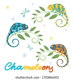 Vector drawing of various colorful chameleons on branches with leaves, dragonflies and flowers isolated on white svg