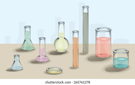 Vector drawing of various / Lab Containers Containing Fluids / Easy to edit groups and layers, Transparencies used.  No gradients meshes or effects used. Easy to isolate and use different containters