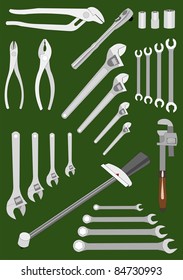 Vector drawing of various mechanic hand tools, on green.