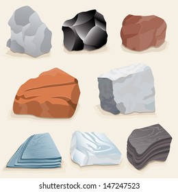 Vector drawing of various rocks/Types of rock/Easy to edit groups and layers, easy to edit and isolate, simple gradients, realistic depictions of various types of rock. 