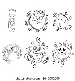 Vector drawing of various smiling germs, test tubes for possible coloring