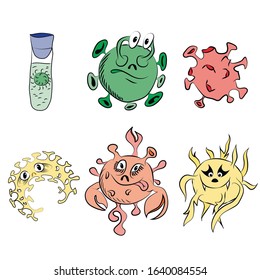 Vector drawing of various smiling germs, test tubes
