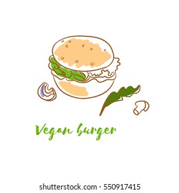 Vector drawing vegan burger. Vegetarian bun with green lettuce, onions, mushrooms and arugula. Sketch can be used for design menu, to refer to a cafe or restaurant signs, web site, flyers, book covers