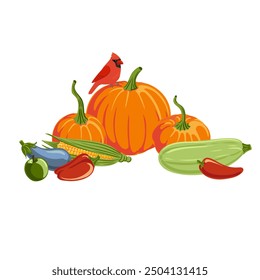 vector drawing vegetables and red bird, orange pumpkin, red peppers, eggplant, corn cob and northern cardinal, thanksgiving day symbol, hand drawn illustration