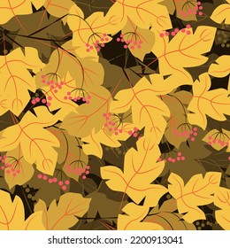 Vector drawing of viburnum twigs with bunches of berries and yellow leaves. Seamless pattern in yellow-brown tones.