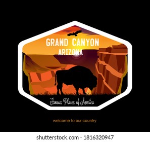 Vector drawing. View of the Grand Canyon. Evening sky with a lone bison. Arizona