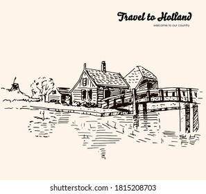 Vector drawing of the village landscape of Holland. Freehand landscape