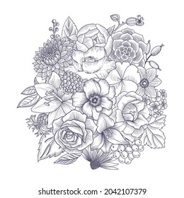 composición vectorial vintage con flores, ilustración dibujada a mano
