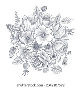 composición vectorial vintage con flores, ilustración dibujada a mano