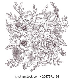 vector drawing vintage composition with flowers, hand drawn illustration