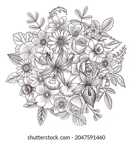 vector drawing vintage composition with flowers, hand drawn illustration