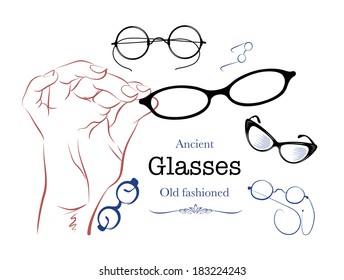 Vector drawing of vintage eyeglasses on the white background. Hand of man holds glasses. Retro image.