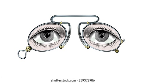 Vector drawing of vintage eyeglasses on the white background. Retro image. Illustration in style of an vintage engraving.