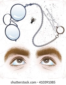 Vector drawing of vintage eyeglasses on the white background. Eyes look at a fly. Retro image.