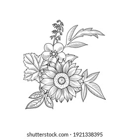 Vektorgrafik-Blumenkomposition mit Sonnenblume, handgezeichnet