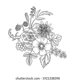 vector drawing vintage floral composition with sunflower, hand drawn illustration