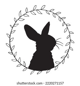 vector drawing, vintage frame with easter bunny silhouette. minimalistic design, wreaths of branches and a silhouette of a rabbit