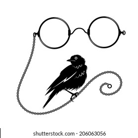 Vector drawing of vintage pince-nez and small bird on the white background. Retro image.