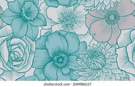 vector drawing vintage seamless pattern with flowers, hand drawn illustration