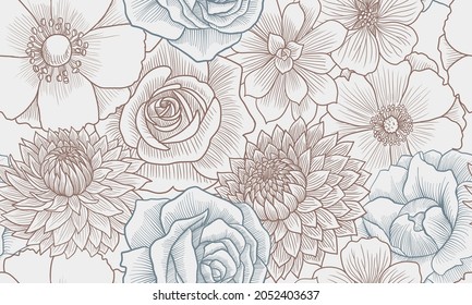 vector drawing vintage seamless pattern with flowers, hand drawn illustration