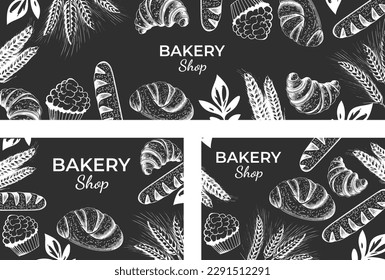 Vector drawing in vintage style, bread, ears of wheat, pastries, croissant. Design for banner, poster, flyer. Vector elements on the theme of baking.