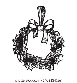 vector drawing in vintage style. Christmas wreath. simple illustration new year, winter