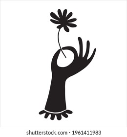 vector drawing in vintage style. female hand with a flower. a symbol of mysticism, magic, esotericism. black and white doodle doodle, outline, silhouette.