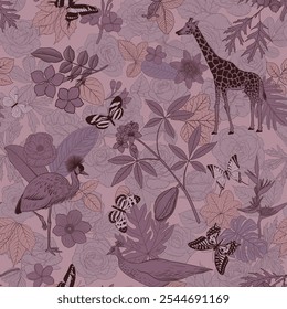 vector drawing vintage tropical pattern with animals, flowers, butterflies and leaves, natural background , hand drawn illustration