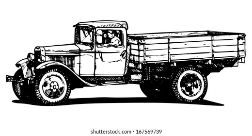 Vector Drawing Of Vintage Truck Stylized As Engraving.