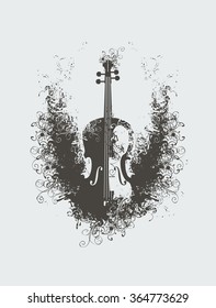 Vector drawing of a violin with floral patterns