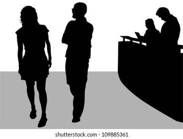 Vector drawing visitors and employees at reception