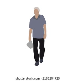 Vector drawing of a walking elderly man in summer clothes. Flat image. City infographic