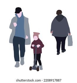 Vector drawing of walking people in autumn clothes. Flat image. City street infographic