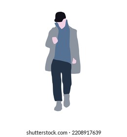 Vector drawing of a walking woman in autumn clothes. Flat image. City infographic