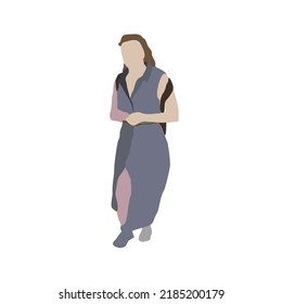 Vector drawing of a walking woman in summer clothes. Flat image. City infographic