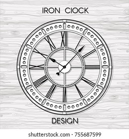 Vector drawing of wall clock on on a wooden linear background. Black and white graphic hand drawn illustration.