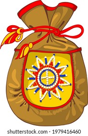 Vector drawing of the wardrobe element of the peoples of the North. Money bag made of leather with symbolic embroidery with beads polar star. Sami